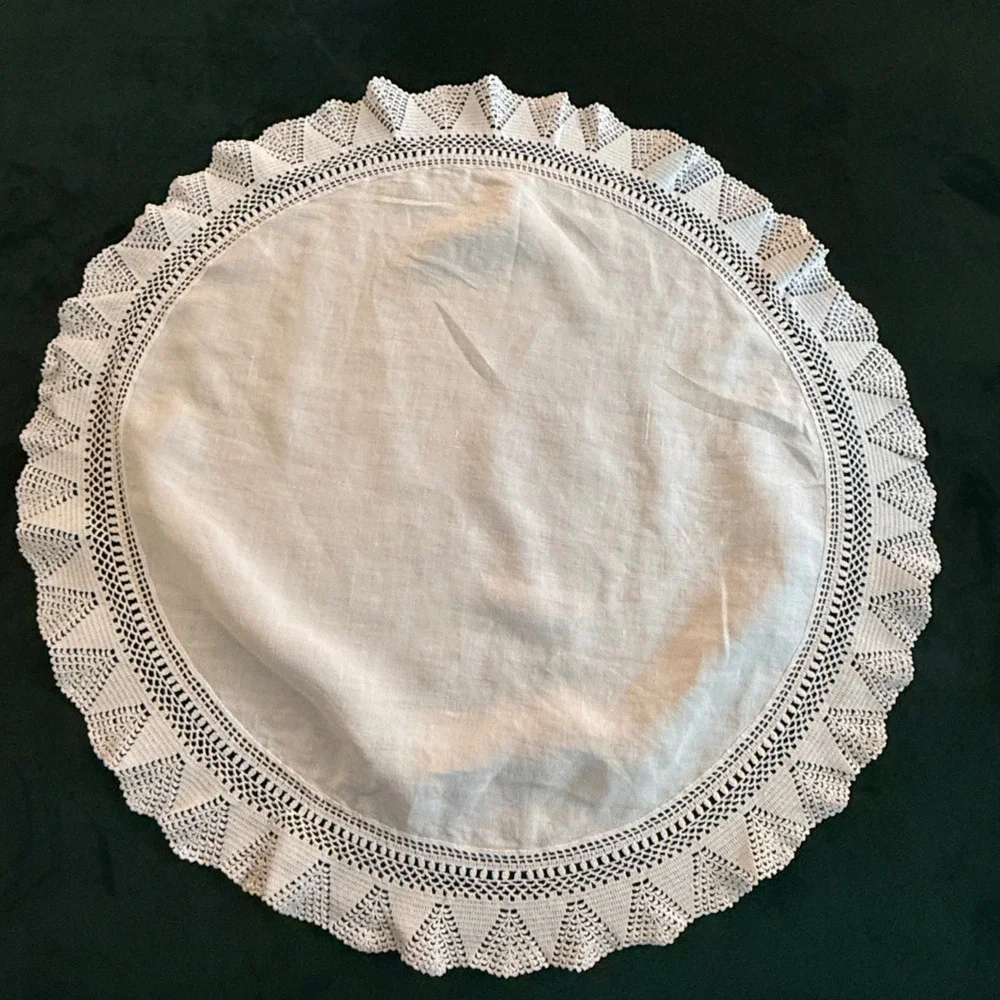 Vintage White Linen Round Doily Tablecloth Crochet Lace‎ Trim 21 Inch 0036